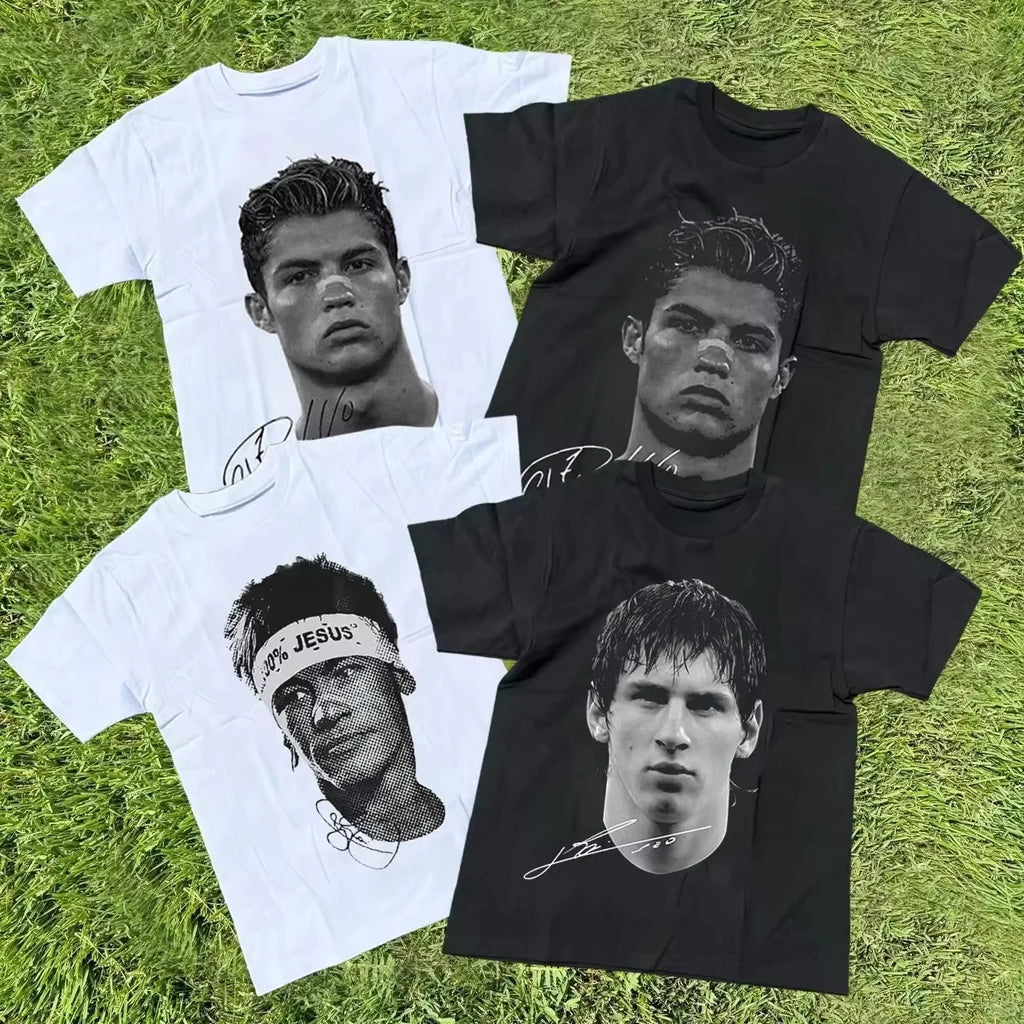 Cristiano Ronaldo Neymar Lionel Messi Football Superstar Portrait Printed Tee Men's Women's Cotton Casual 2026 Summer T Shirt