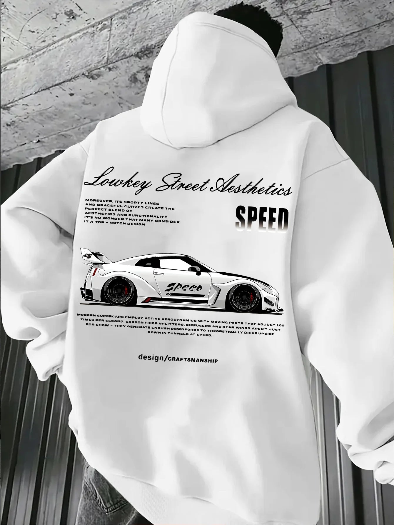 2026 New Arrival Sports Car Graphic Hoodie for Men White Street Racing Aesthetic Pullover with SPFRD Letter Print Streetwear